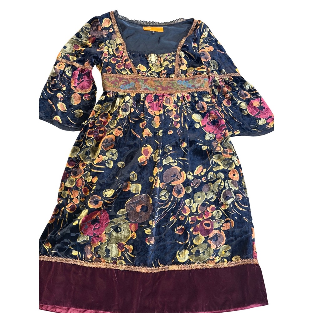 Cynthia Steffe Floral Velvet Burnout Empire‎ Vtg Dress witchy Cameo Brooch Y2K 6